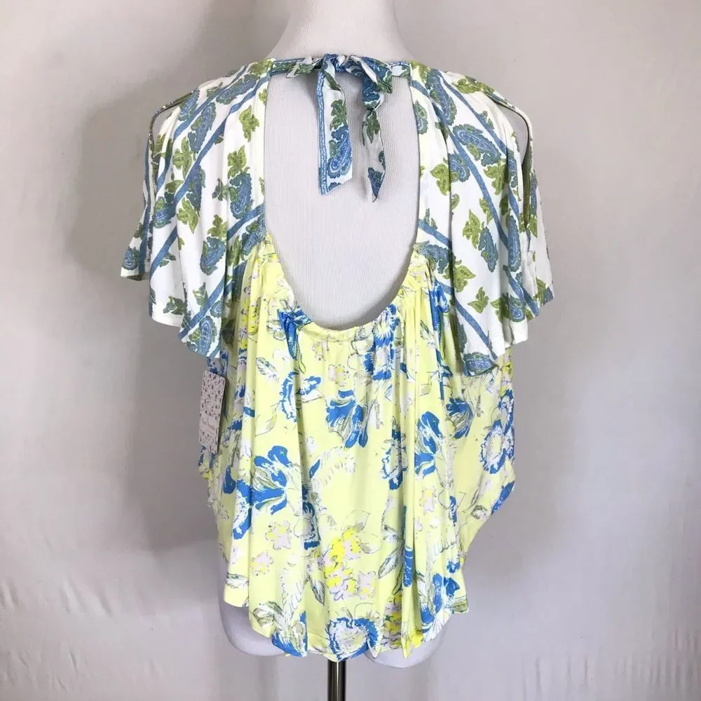 Free People Baja Babe Tee Lemon Gelato XS NWT Yellow Blue White Floral